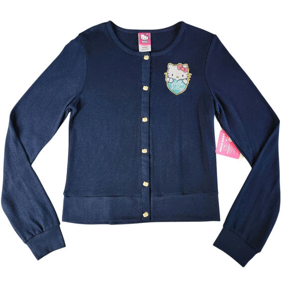 Hello Kitty girl's cardigan with pocket patch navy blue button front size XL NWT - Picture 1 of 6